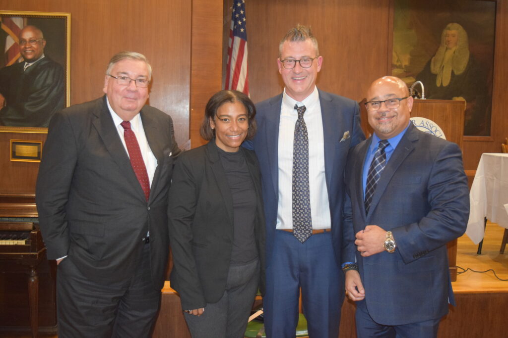 The Kings County Criminal Bar Association invited Brooklyn’s top criminal court judges in for their annual “State of the Criminal Courts” update. Pictured from left to right: Hon. Matthew D’Emic, Hon. Keshia Espinal, KCCBA President Darran Winslow and Hon. Craig Walker at KCCBA State of Criminal Courts.Photos: Robert Abruzzese/Brooklyn Eagle
