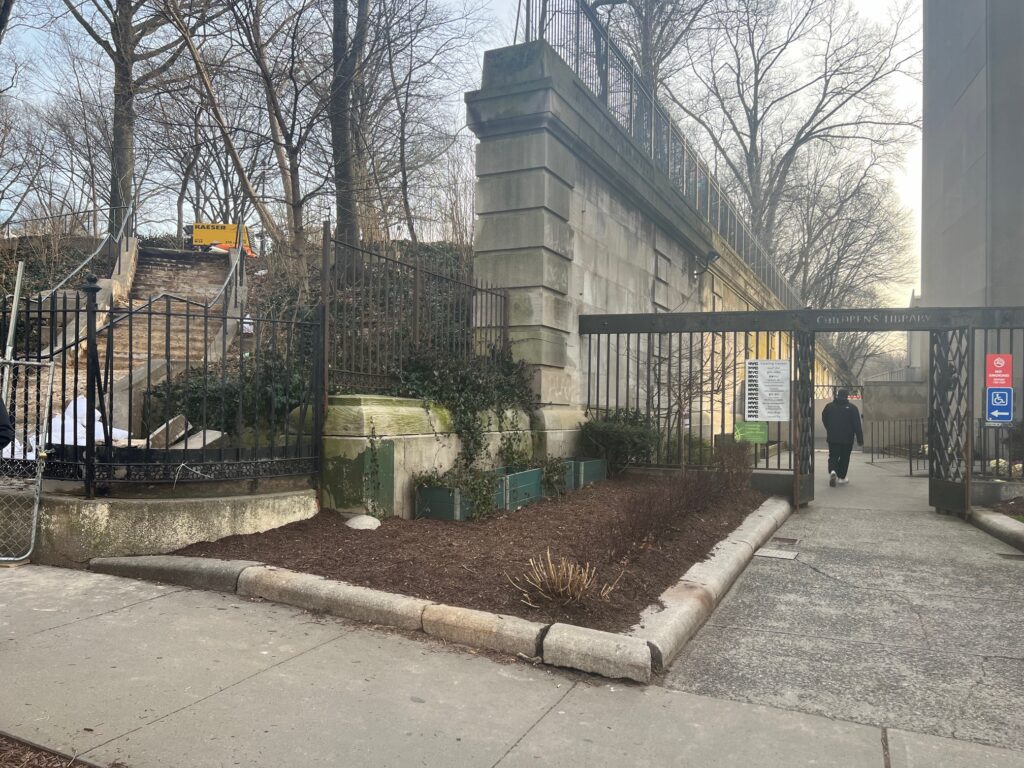 When skaters exit the elevated park, many of the good skaters will come down this stairway adjacent to one of the entrances to the Brooklyn Public Library. This is a potential danger point, as many children use this entrance to the library.Photos: Wayne Daren Schneiderman/Brooklyn Eagle