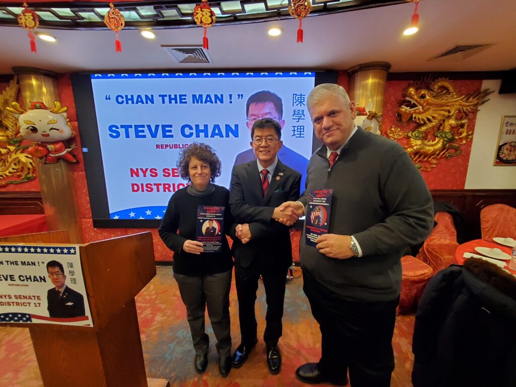 From left: Fran Vella-Marrone, chair, Kings County Conservative Party; Steve Chan; and Richie Barsamian, chair, Kings County Republican Party.