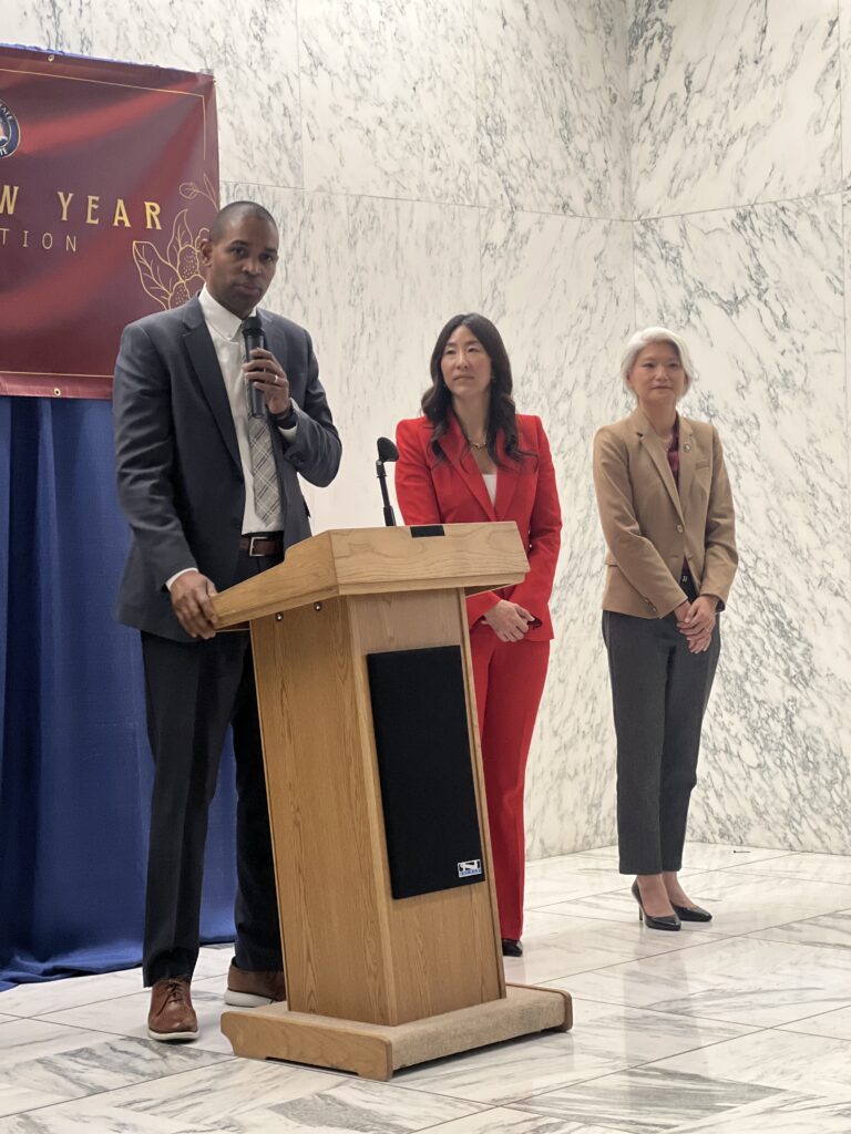Lieutenant Gov. Antonio Delgado addressing the crowd; to his left: Assemblymember Grace Lee, 65th District (representing the Financial District, Battery Park City, the Lower East Side and Chinatown); and State Sen. Iwen Chu celebrate Chinese New Year.