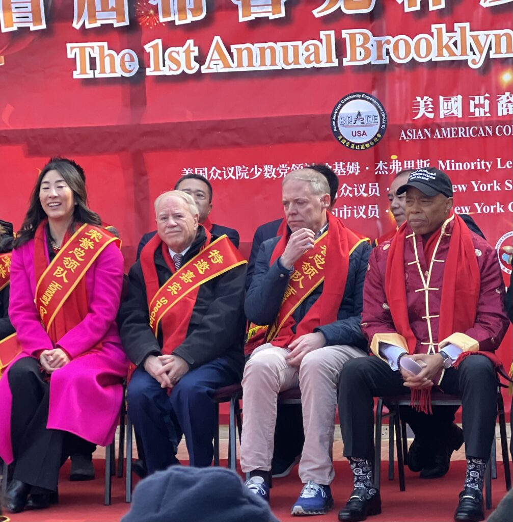 From left: Assemblymember Grace Lee, 65th District (representing the Financial District, Battery Park City, the Lower East Side, and Chinatown); Assemblyman William Colton, 47th District (representing Bensonhurst, Gravesend, Bath Beach, Dyker Heights, and Midwood); Assembly Minority Leader Will Barclay; and Mayor Eric Adams.Photo: Wayne Daren Schneiderman/Brooklyn Eagle