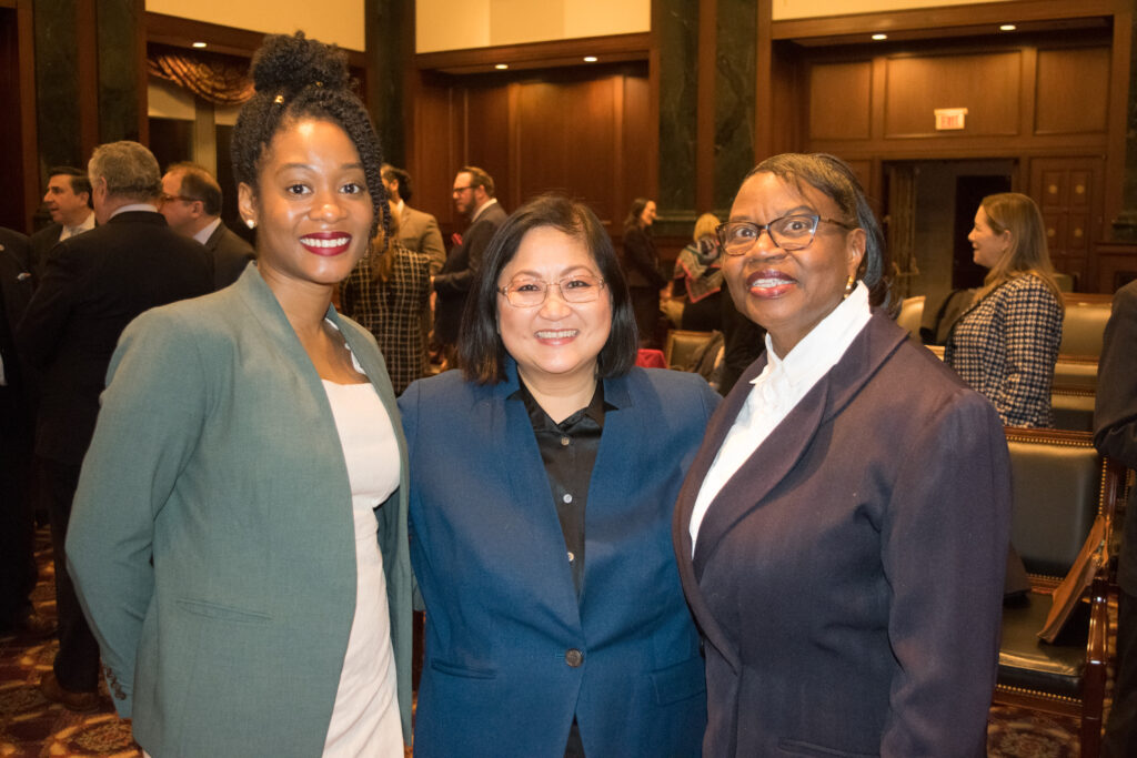 Natoya McGhie will be sworn in as the secretary of the Network of Bar Leaders. She is pictured here with Eve Cho Guillergan (center) and Yvette Hinds Wills (right).
