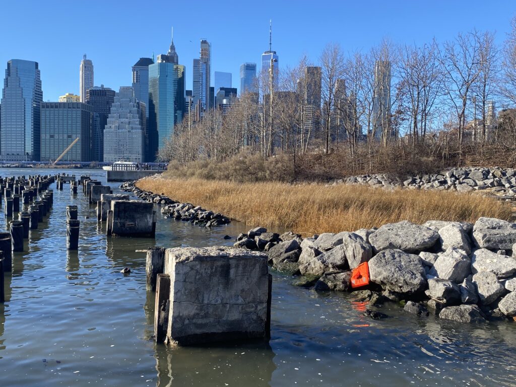 An orange flotation vest dropped by responders marks the spot where police rescued a woman who jumped into the East River in Brooklyn Bridge Park on Sunday.