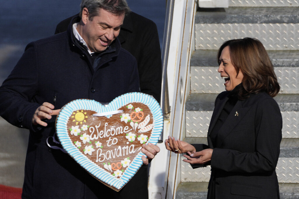 MUNICH — Holiday impact for all kinds of missions: Bavarian State Governor Markus Soeder welcomes U.S. Vice President Kamala Harris with a gingerbread heart upon her arrival for the Munich Security Conference at the airport in Munich, Germany, Thursday, Feb. 15, 2024. The 60th Munich Security Conference (MSC) is taking place from Feb. 16 to Feb. 18, 2024, at the Bayerischer Hof Hotel in Munich.Photo: Matthias Schrader/AP