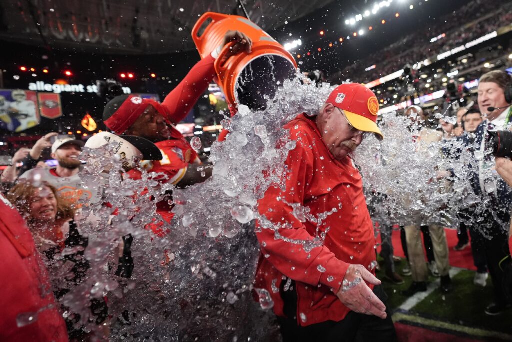 LAS VEGAS — In Vegas, you get to bet on the color of this Gatorade (for the record, this is purple): Kansas City Chiefs head coach Andy Reid is splashed after the NFL Super Bowl 58 football game against the San Francisco 49ers, Sunday, Feb. 11, 2024, in Las Vegas. The Chiefs won 25-22.Photo: Ashley Landis/AP