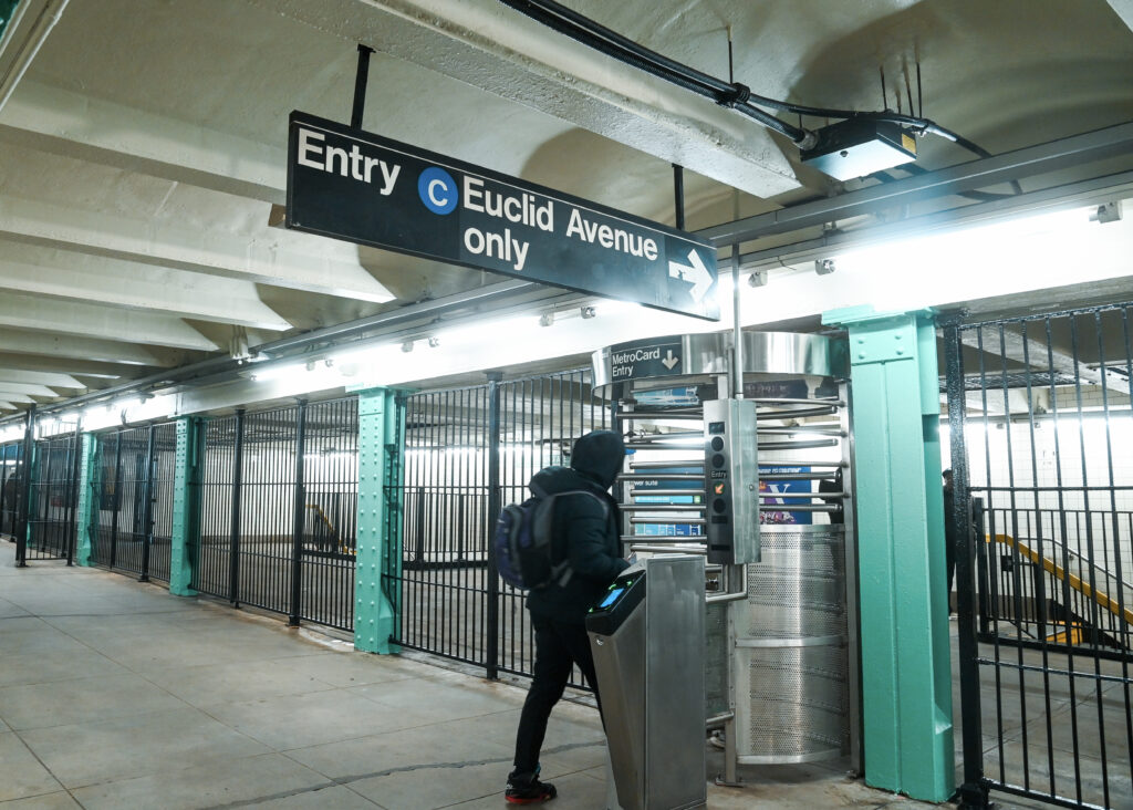 The exit area inside the Lafayette Avenue station, showing the new, enhanced lighting.