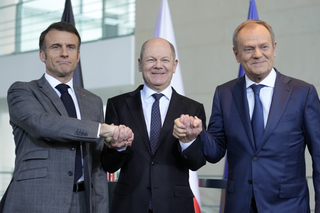 BERLIN — It must be the ties. ‘We guys always work well together… isn’t that right?’: German Chancellor Olaf Scholz, center, French President Emmanuel Macron, left, and Poland's Prime Minister Donald Tusk shake hands at a press conference in Berlin, Germany, Friday, March 15, 2024. German Chancellor Olaf Scholz, France's President Emmanuel Macron and Poland's Prime Minister Donald Tusk meet in Berlin for the so-called Weimar Triangle talks.Photo: Ebrahim Noroozi/AP