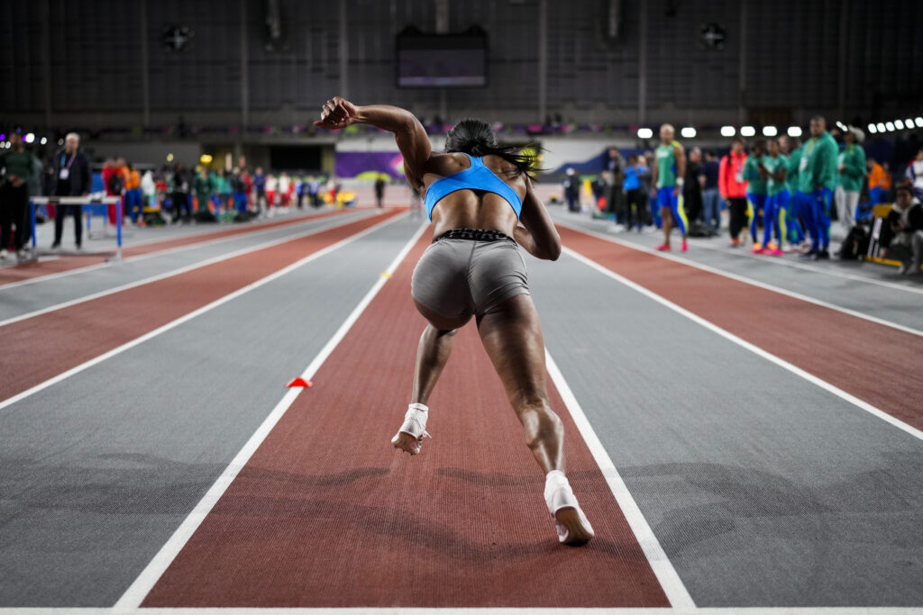 GLASGOW — Rare view of a sprinter: Celera Barnes of the United States trains during a warm-up session before the start of the World Athletics Indoor Championships at the Emirates Arena in Glasgow, Scotland, Thursday, Feb. 29, 2024.Photo: Bernat Armangue/AP