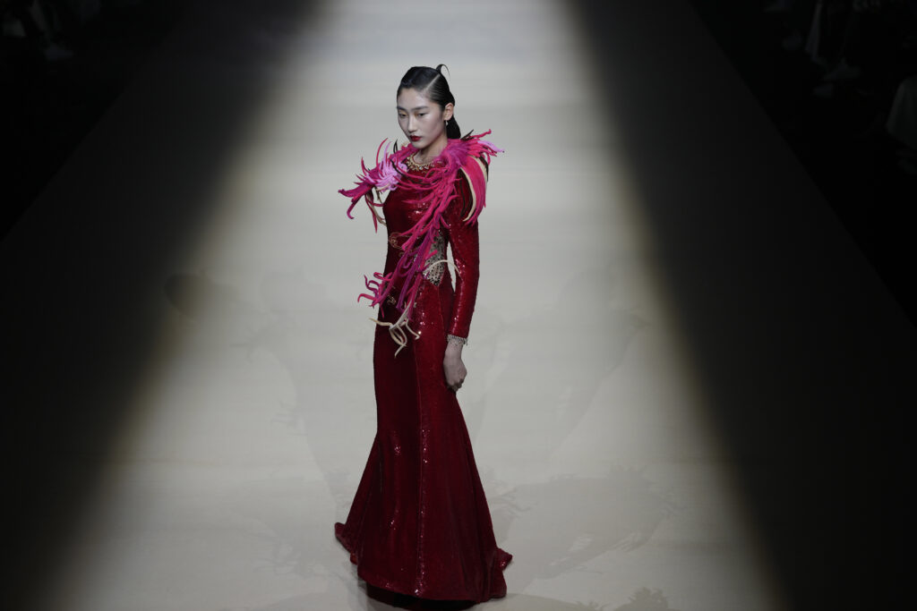 BEIJING — Cutting edge on the runway: A model wears the creation for Nancy Sun by Yao Sun during China Fashion Week in Beijing, Thursday, March 28, 2024.Photo: Ng Han Guan/AP