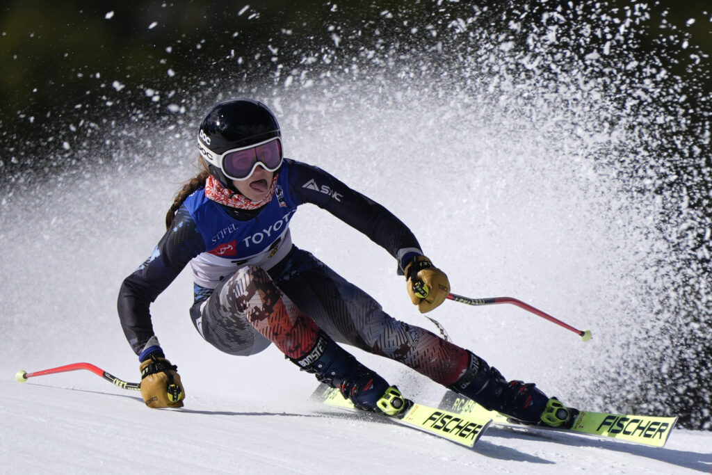 KETCHUM — Cutting an edge, holding a turn: Katie Grzelak competes during a women's super-G skiing race, Wednesday, March 20, 2024, during the U. S. Alpine Championships at the Sun Valley ski resort in Ketchum, Idaho.Photo: Robert F. Bukaty/AP
