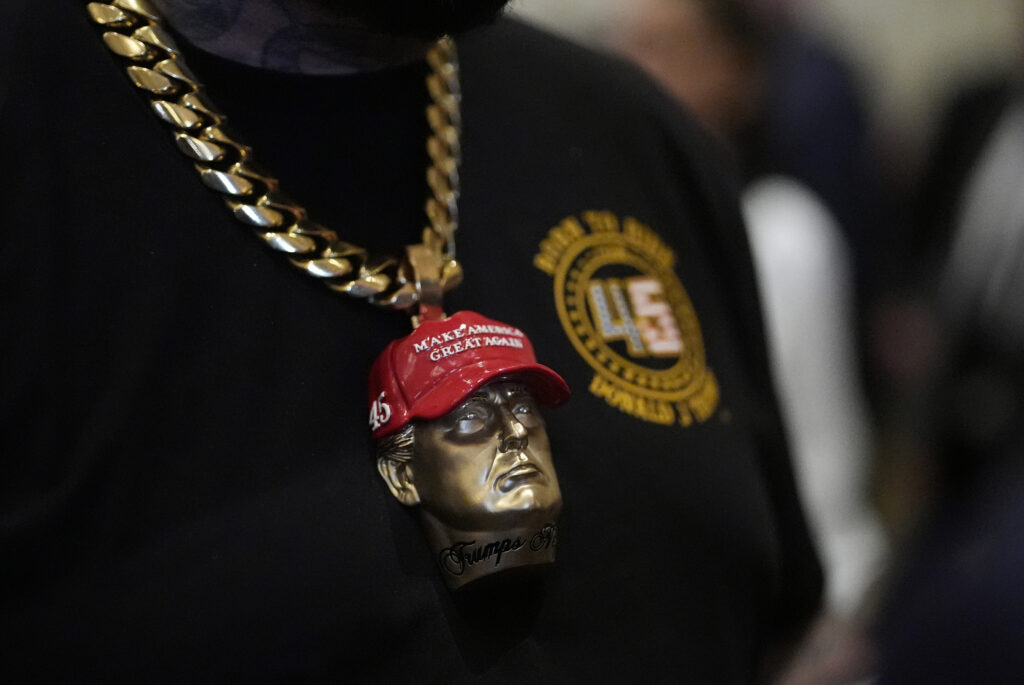 MAR-A-LAGO — Super Tuesday’s best dressed: Jewelry worn by rapper Forgiato Blow is pictured before Republican presidential candidate former President Donald Trump speaks at a Super Tuesday election night party, Tuesday, March 5, 2024, at Mar-a-Lago in Palm Beach, FL.Photo: Rebecca Blackwell/AP