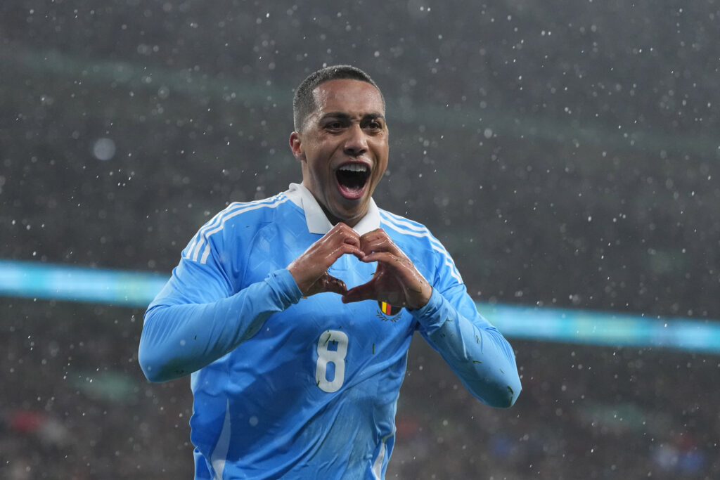 LONDON — Is that a G for GGGOOOAAALLL, or just a heart? Belgium's Youri Tielemans celebrates after scoring his side's second goal during an international friendly soccer match between England and Belgium at Wembley Stadium in London on Tuesday, March 26, 2024.Photo: Kirsty Wigglesworth/AP