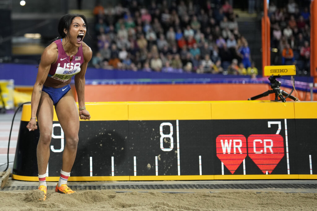 GLASGOW — Winners let the beast out: Tara Davis-Woodhall, of the United States, reacts after an attempt in the women's long jump during the World Athletics Indoor Championships at the Emirates Arena in Glasgow, Scotland, Sunday, March 3, 2024.Photo: Bernat Armangue/AP