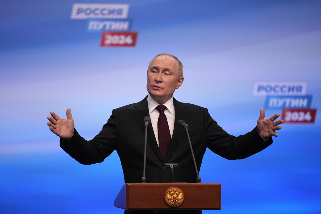 MOSCOW — ‘From the bottom of my heart — which is this big — I promise you the election was fair’: Russian President Vladimir Putin speaks on a visit to his campaign headquarters after a presidential election in Moscow, early Monday, March 18, 2024.Photo: Alexander Zemlianichenko/AP