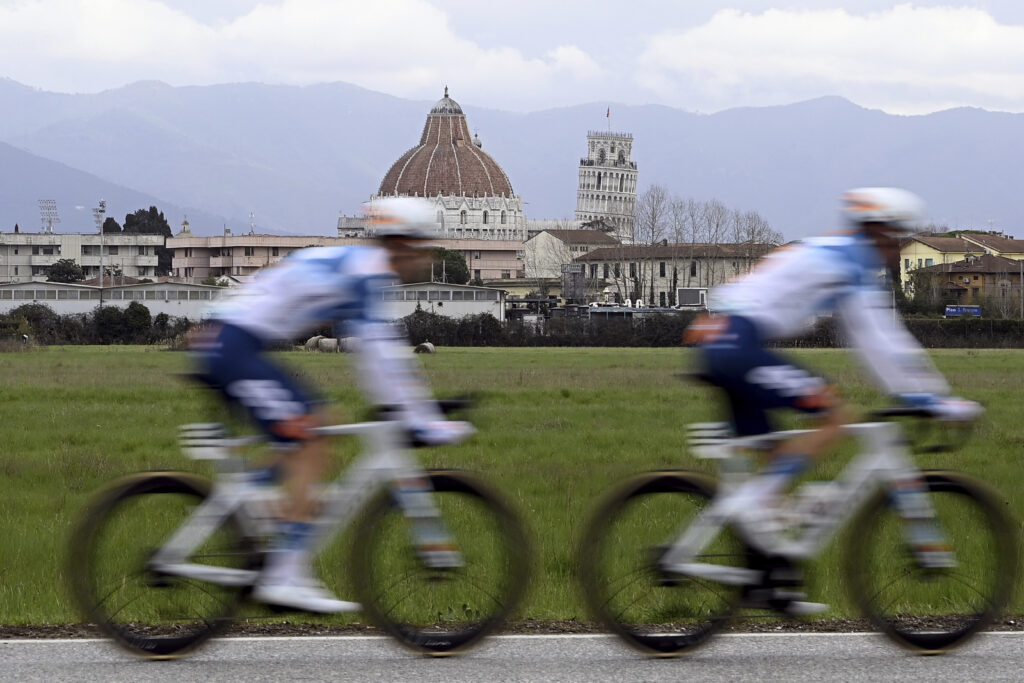FOLLONICA — Just like the tower, these bikers are ‘leaning in’: The pack rides as The Leaning Tower of Pisa stands out in the background during the second stage of the Tirreno Adriatico cycling race, from Camaiore to Follonica, Italy, Tuesday, March 5, 2024.Photo: Fabio Ferrari/LaPresse via AP
