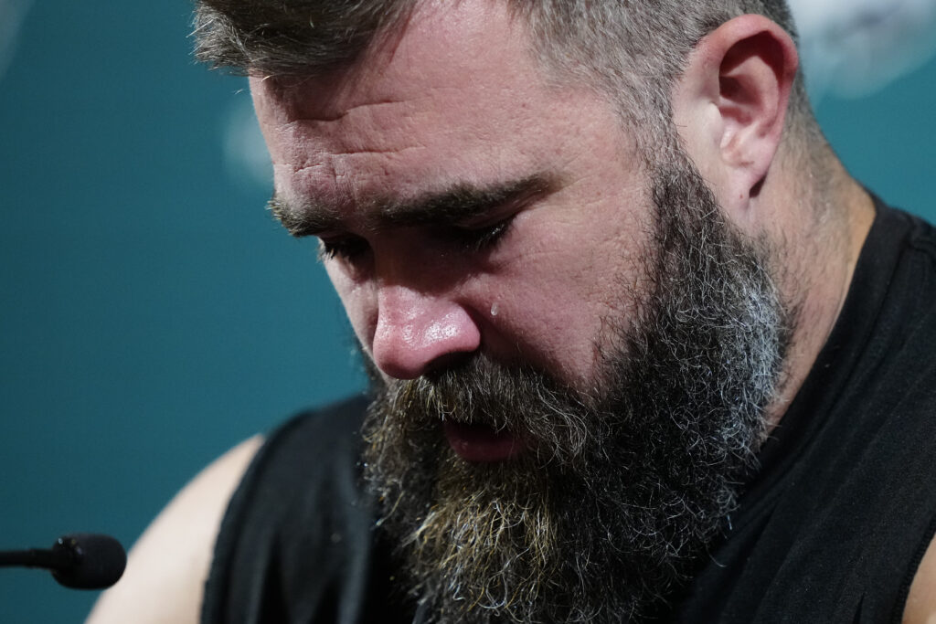 PHILADELPHIA — A fond goodbye with tears: Philadelphia Eagles' Jason Kelce cries during an NFL football press conference announcing his retirement in Philadelphia, Monday, March 4, 2024.Photo: Matt Rourke/AP