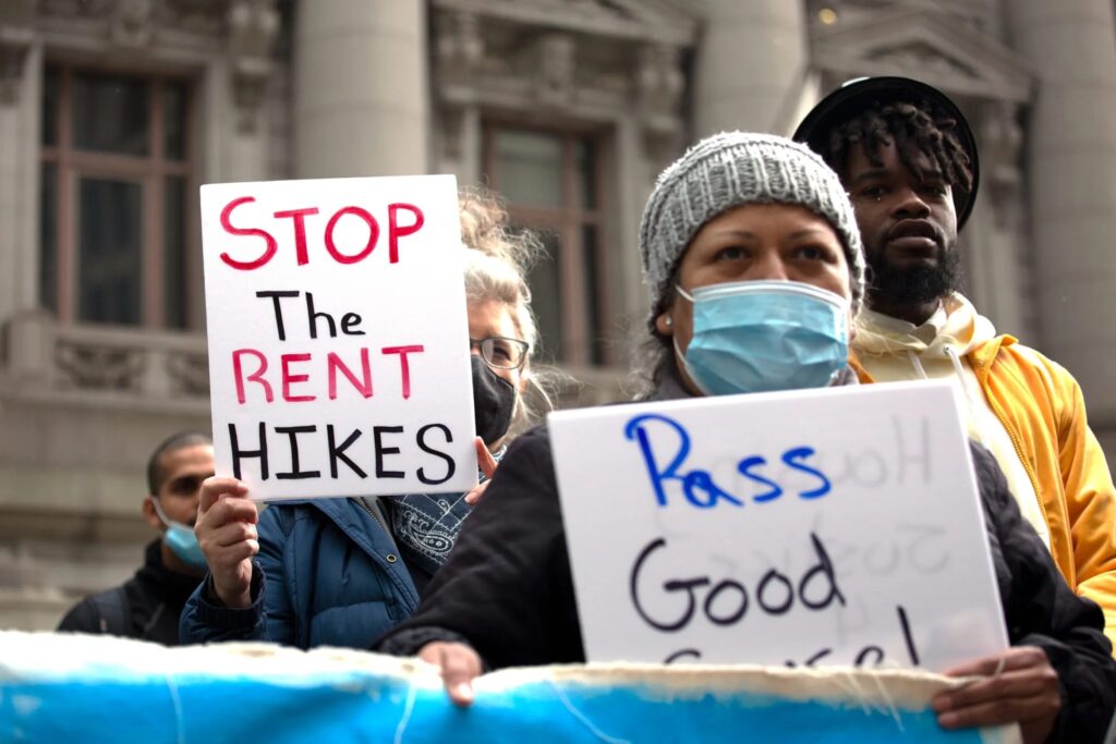 Affordable housing advocates marched through Lower Manhattan, demanding an end to corporate tax breaks and the passage of good cause eviction laws, April 21, 2022.Photo: Ben Fractenberg/THE CITY