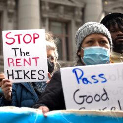Affordable housing advocates marched through Lower Manhattan, demanding an end to corporate tax breaks and the passage of good cause eviction laws, April 21, 2022.Photo: Ben Fractenberg/THE CITY
