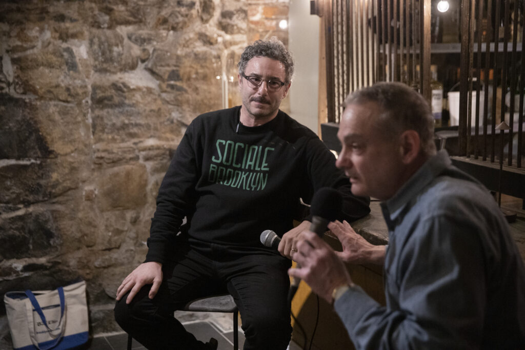 Brooklyn Eagle’s food editor Andrew Cotto (right) interviews Francesco Nuccitelli, owner and chef of Sociale, at a Brooklyn Dining Club event.Brooklyn Eagle photos by John McCarten