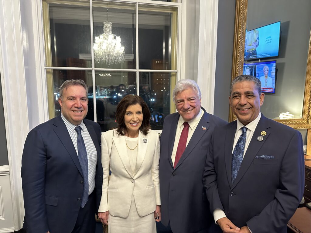 Frank Seddio with NY Governor Kathy Hochul and, from left, Carlo Scissura, President and CEO of the New York Building Congress and U.S. Representative Adriano Espaillat, a Dominican American who was the first formerly undocumented immigrant to be elected to Congress. Rep. Espaillat represents Harlem and other neighborhoods of upper Manhattan in New York’s 13th congressional district.Photo courtesy of Frank Seddio