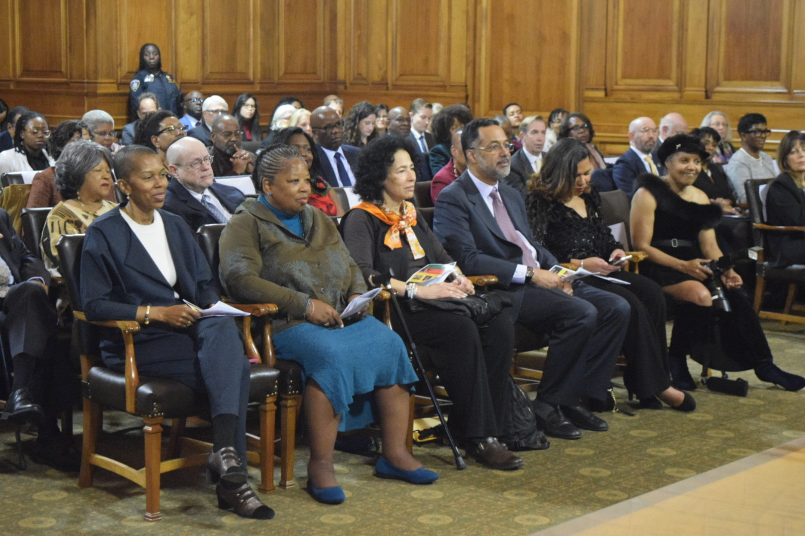 The honorees, and friends and family, of the late Justice William Thompson sitting front row at the ceremony inside of the packed courthouse at the Appellate Division, Second Department.