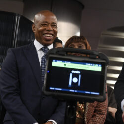 Mayor Eric Adams smiles during a news conference about new portable weapon detectors in New York, March 28, 2024.Photo: Marc A. Hermann/Metropolitan Transportation Authority via AP