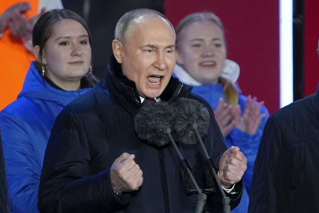MOSCOW — ‘Nothing can stop me as long as you keep clapping and cheering …’: Russian President Vladimir Putin gestures while addressing a crowd at a concert marking his victory in a presidential election and the 10-year anniversary of Crimea’s annexation by Russia on Red Square in Moscow, Russia, Monday, March 18, 2024. President Vladimir Putin seized Crimea from Ukraine a decade ago, a move that sent his popularity soaring but was widely denounced as illegal.Photo: Alexander Zemlianichenko/AP