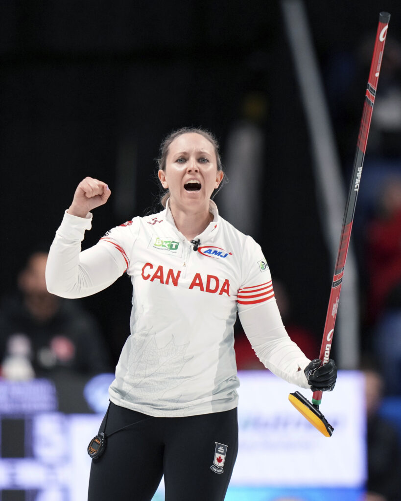 SYDNEY — Where stones fly, and adrenaline runs high: Canada skip Rachel Homan reacts to her game-winning final shot against Turkey during a women's world curling championships match Wednesday, March 20, 2024, in Sydney, Nova Scotia.Photo: Darren Calabrese/The Canadian Press via AP