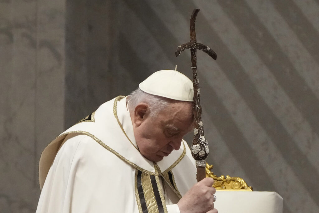 VATICAN — A prayerful pause in the pontiff’s busy day: Pope Francis celebrates the Holy Chrism Mass in St. Peter's Basilica at The Vatican on Thursday, March 28, 2024.Photo: Gregorio Borgia/AP