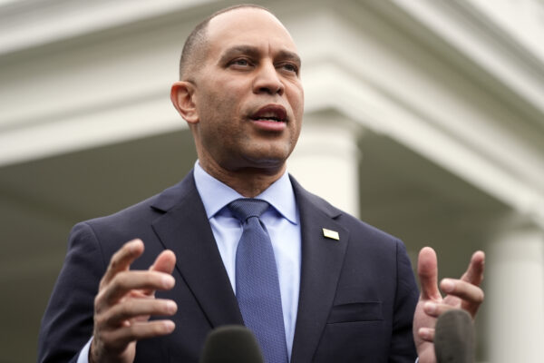 House Minority Leader Hakeem Jeffries, D-Brooklyn, talks with reporters outside the White House.