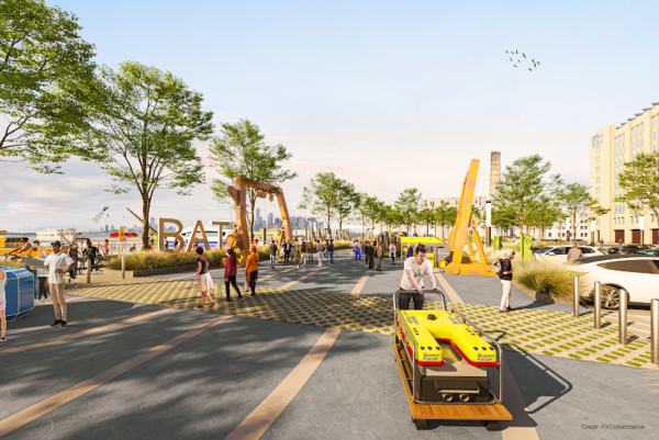 A rendering of the plaza at the planned Climate Innovation Hub at the Brooklyn Army Terminal.