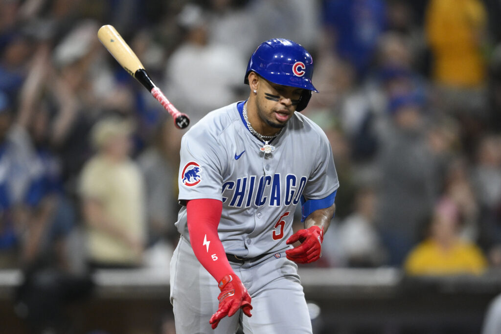 Chicago Cubs' Christopher Morel flips his bat after hitting a grand slam during the fifth inning of a baseball game against the San Diego Padres, Tuesday, April 9, 2024, in San Diego. (AP Photo/Denis Poroy)