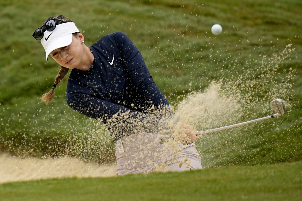 Gabriela Ruffels, of Australia, hits from the bunker on the fourth green during the second round of the Chevron Championship LPGA golf tournament Friday, April 19, 2024, at The Club at Carlton Woods, in The Woodlands, Texas. (AP Photo/Eric Gay)
