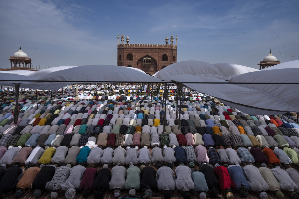 Indian Muslims pray together on the last Friday of the holy fasting month of Ramadan at Jama Masjid in New Delhi, India, Friday, April 5, 2024. Islam's holiest month is a period of intense prayer, self-discipline, dawn-to-dusk fasting and nightly feasts. (AP Photo/Altaf Qadri)