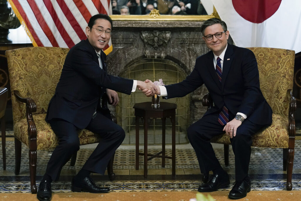Speaker of the House Mike Johnson, R-La., meets with Japanese Prime Minister Fumio Kishida at the U.S. Capitol, Thursday, April 11, 2024, in Washington. (AP Photo/Jose Luis Magana)