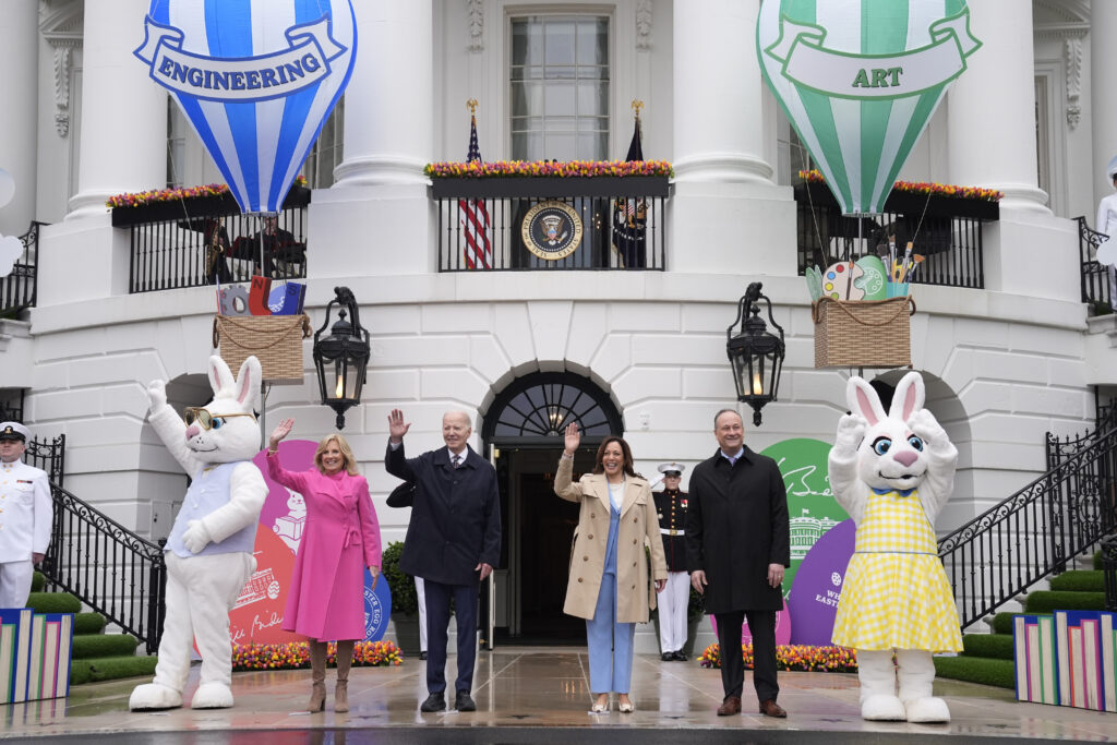 WHITE HOUSE — How did a religious holiday like Easter get tied to an Easter egg roll? Whatever the connections, it’s a universal celebration for politicians. President Joe Biden, center left, and Vice President Kamala Harris, center right, accompanied by first lady Jill Biden, left, and second gentleman Doug Emhoff, right, wave at the White House Easter Egg Roll on the South Lawn of the White House, Monday, April 1, 2024, in Washington.Photo: Evan Vucci/AP