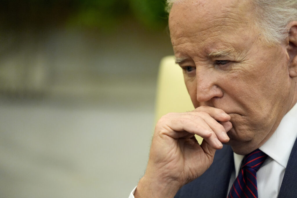 President Joe Biden listens during a meeting with Iraq's Prime Minister Shia al-Sudani in the Oval Office of the White House, Monday, April 15, 2024, in Washington. (AP Photo/Alex Brandon)