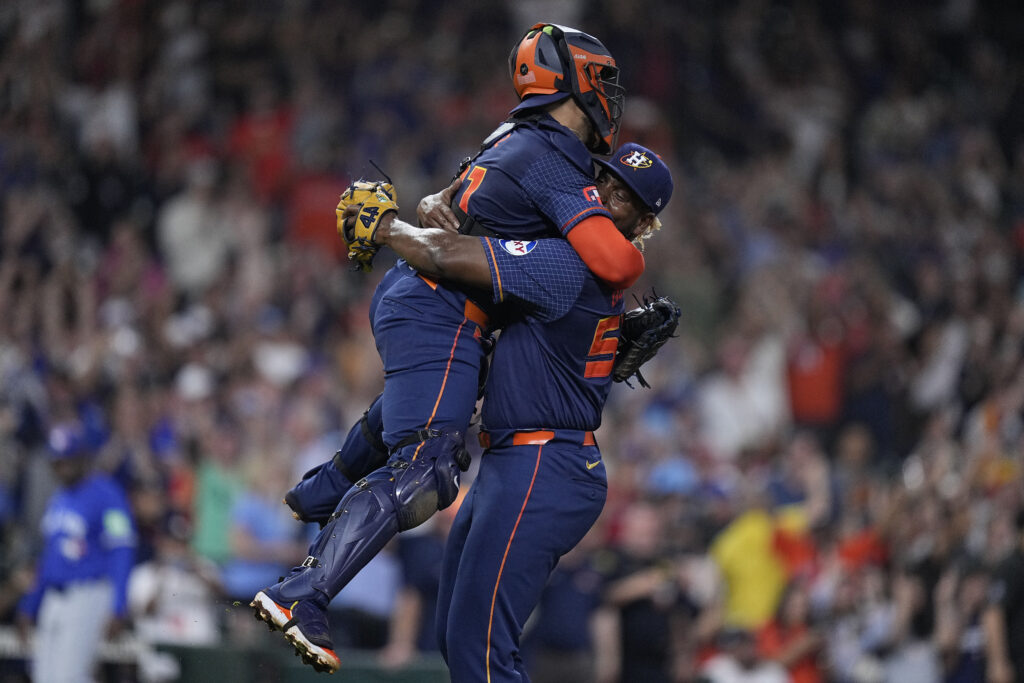 HOUSTON — ‘I love you, man’: Houston Astros starting pitcher Ronel Blanco, right, celebrates with catcher Yainer Diaz after throwing a no-hitter in a baseball game against the Toronto Blue Jays, Monday, April 1, 2024, in Houston.Photo: Kevin M. Cox/AP