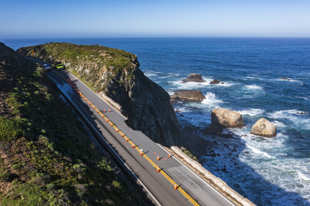 BIG SUR — Did a container ship come too close to the highway? A break in the southbound lane of Highway 1 at Rocky Creek Bridge in Big Sur, CA, Monday, April 1, 2024.Photo: Nic Coury/AP