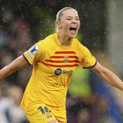 Barcelona's Fridolina Rolfo celebrates after scoring her side's second goal during the Women's Champions League, semi final second leg, soccer match between FC Chelsea and FC Barcelona in London, England, Saturday, April 27, 2024. (Zac Goodwin/PA via AP)