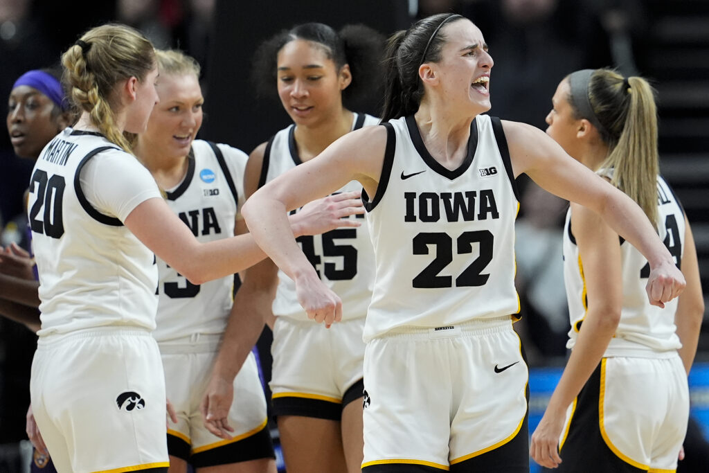 ALBANY — Pumped up and still pumping: Iowa guard Caitlin Clark (22) reacts during the fourth quarter of an Elite Eight round college basketball game against LSU during the NCAA Tournament, Monday, April 1, 2024, in Albany, NY.Photo: Mary Altaffer/AP