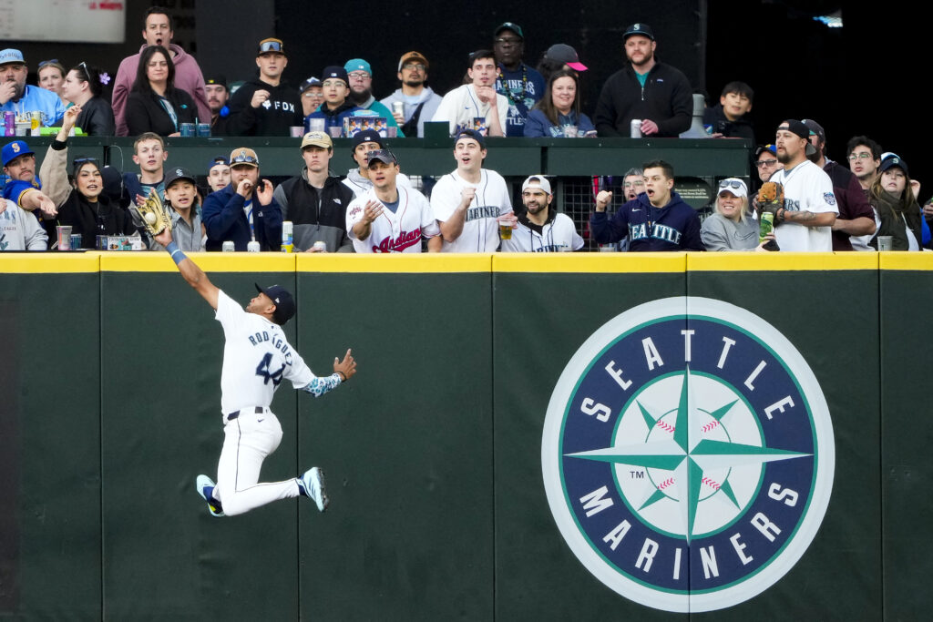 SEATTLE — Center fielder catches fly ball during his ballet tryout: Seattle Mariners center fielder Julio Rodríguez makes a leaping catch on a fly ball hit by Cleveland Guardians' Will Brennan during the second inning of a baseball game Monday, April 1, 2024, in Seattle.Photo: Lindsey Wasson/AP