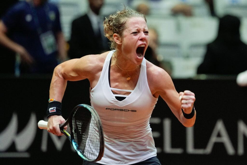 Laura Siegemund of Germany celebrates after defeating Carolina Alves of Brazil during their Billie Jean King Cup tennis match in Sao Paulo, Brazil, Saturday, April 13, 2024. (AP Photo/Andre Penner)