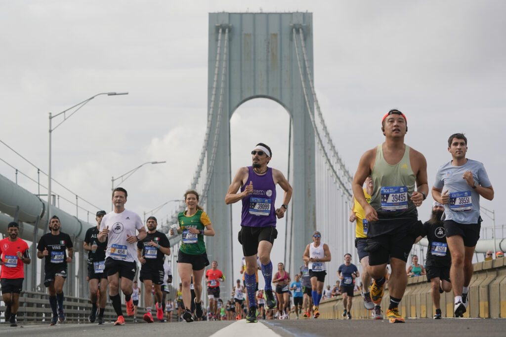 Runners cross the Verrazzano-Narrows Bridge at the start of the New York City Marathon