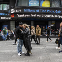 People walk around Times Square as news tickers display news about the earthquake on Friday, April 5, 2024, in New York. An earthquake centered between New York and Philadelphia shook skyscrapers and suburbs across the northeastern U.S. for several seconds Friday morning, causing no major damage but startling millions of people in an area unaccustomed to such tremors. Photo: Brittainy Newman/AP