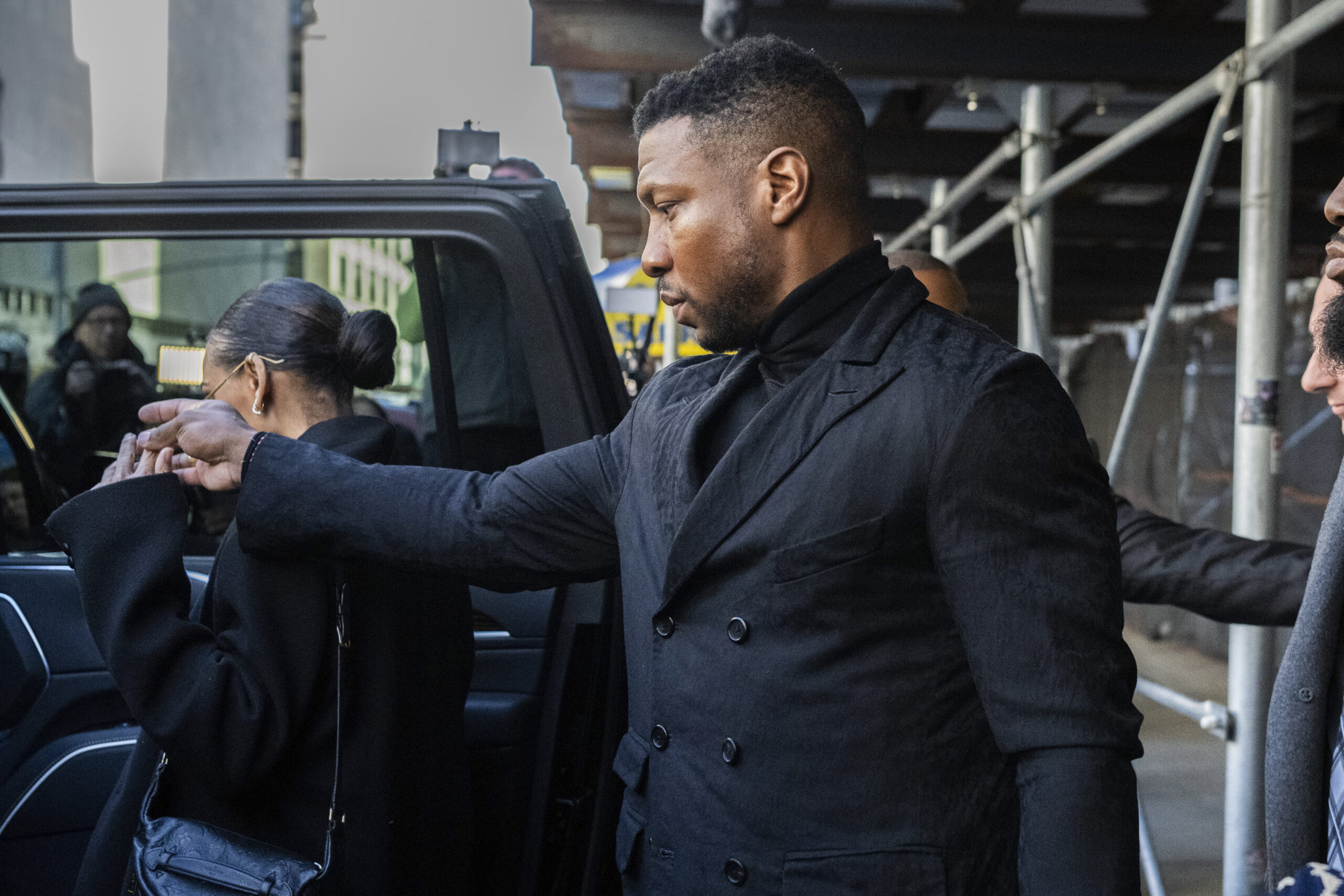 Actor Jonathan Majors leaves Criminal Court with his girlfriend Megan Good after his sentencing in Manhattan on Monday, April 8, 2024 in New York. Photo: Brittainy Newman/AP