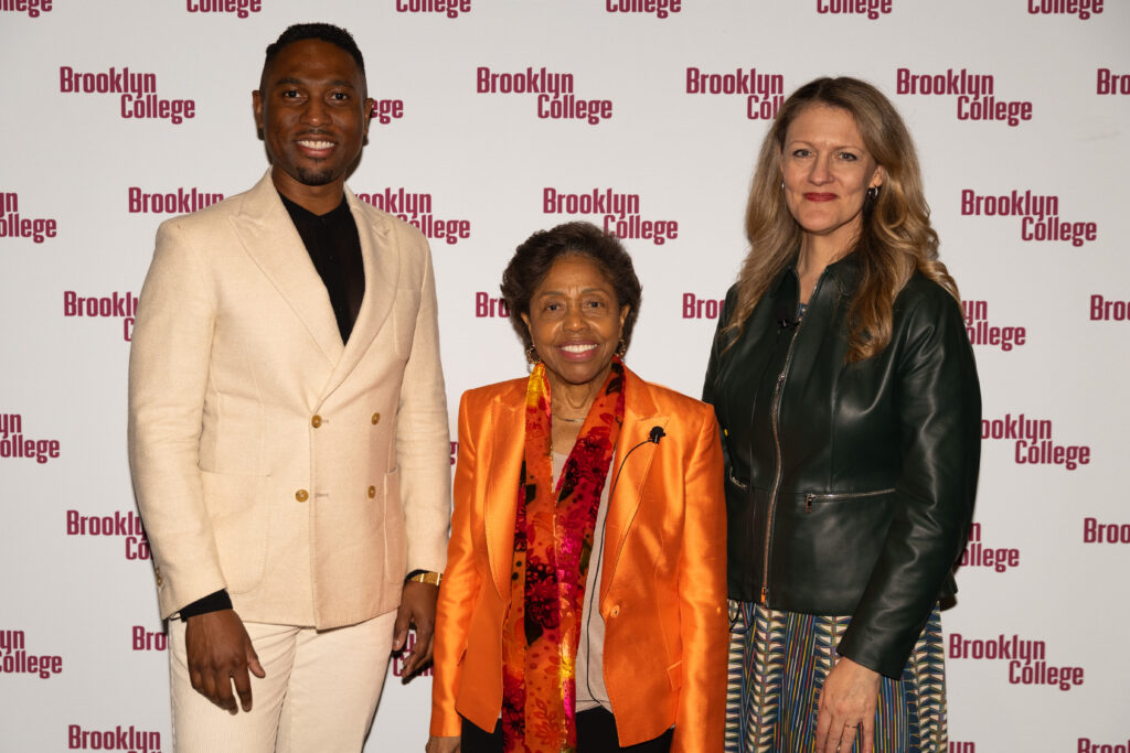 (From left) From left) Associate Professor Malcolm J. Merriweather; Pulitzer Prize-winner and Kennedy Center honoree, conductor, and educator Tania León; and Brooklyn College President Michelle J. Anderson at the Presidential Lecture Series event.