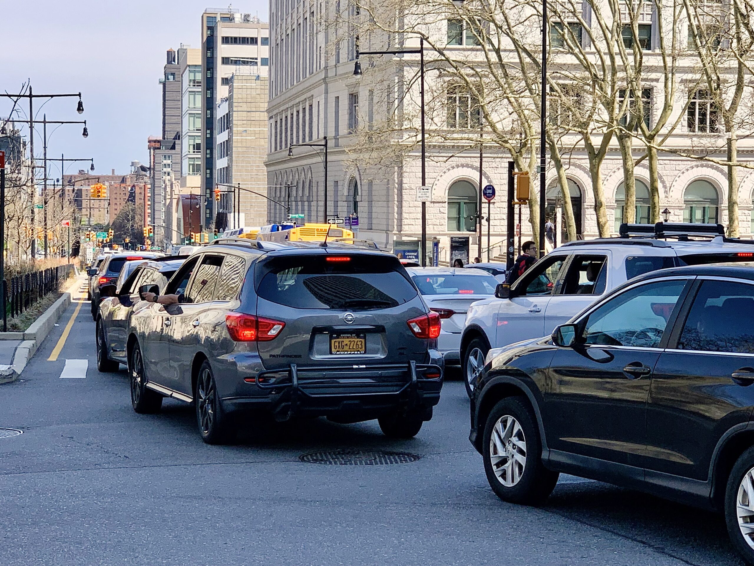 A traffic pileup of vehicles diverted off the BQE at the intersection of Cadman Plaza West and Tillary Street on Sunday.