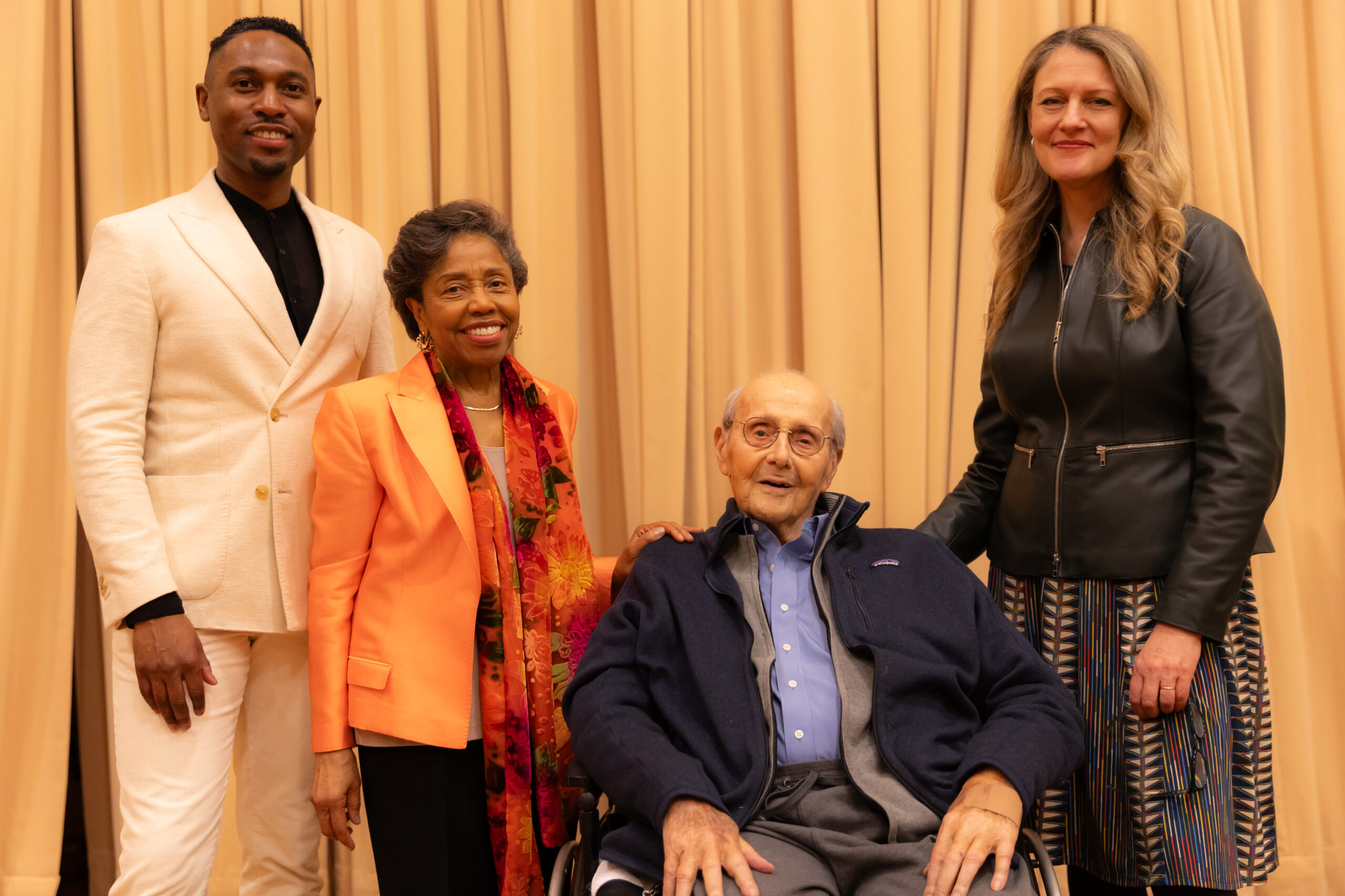 (From left) Associate Professor Malcolm J. Merriweather; Pulitzer Prize-winner and Kennedy Center honoree, conductor, and educator Tania León; Leonard Tow of The Tow Foundation; and Brooklyn College President Michelle J. Anderson at the Presidential Lecture Series event on March 28 at the college.