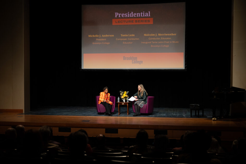 (From left) Kennedy Center honoree, conductor, and educator Tania León, speaks with Brooklyn College President Michelle J. Anderson at the Presidential Lecture Series event March 28.